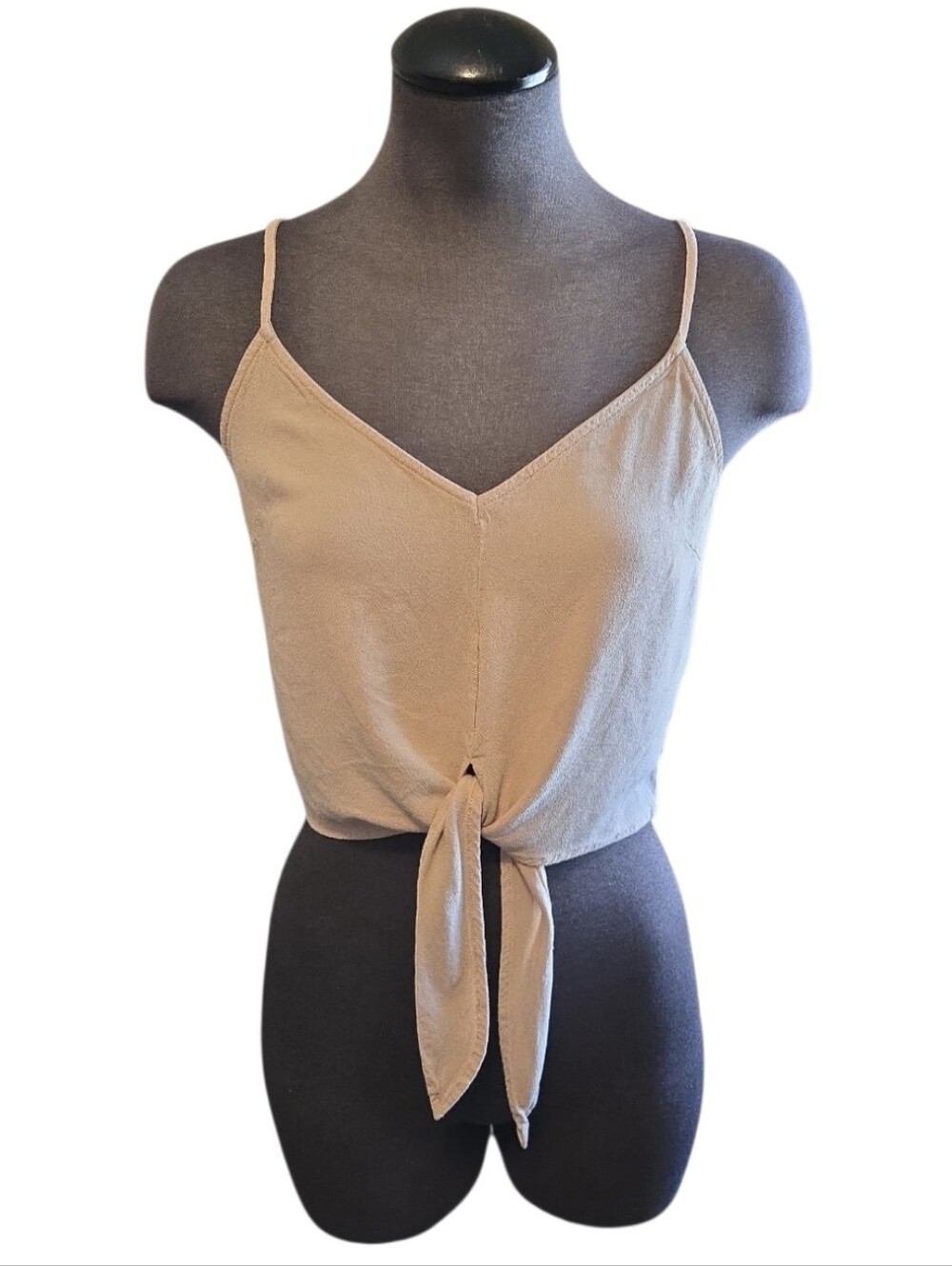 EC Lulu's Crop Front Tie Spaghetti Strap V-Neck Crop Tank Nude Beige